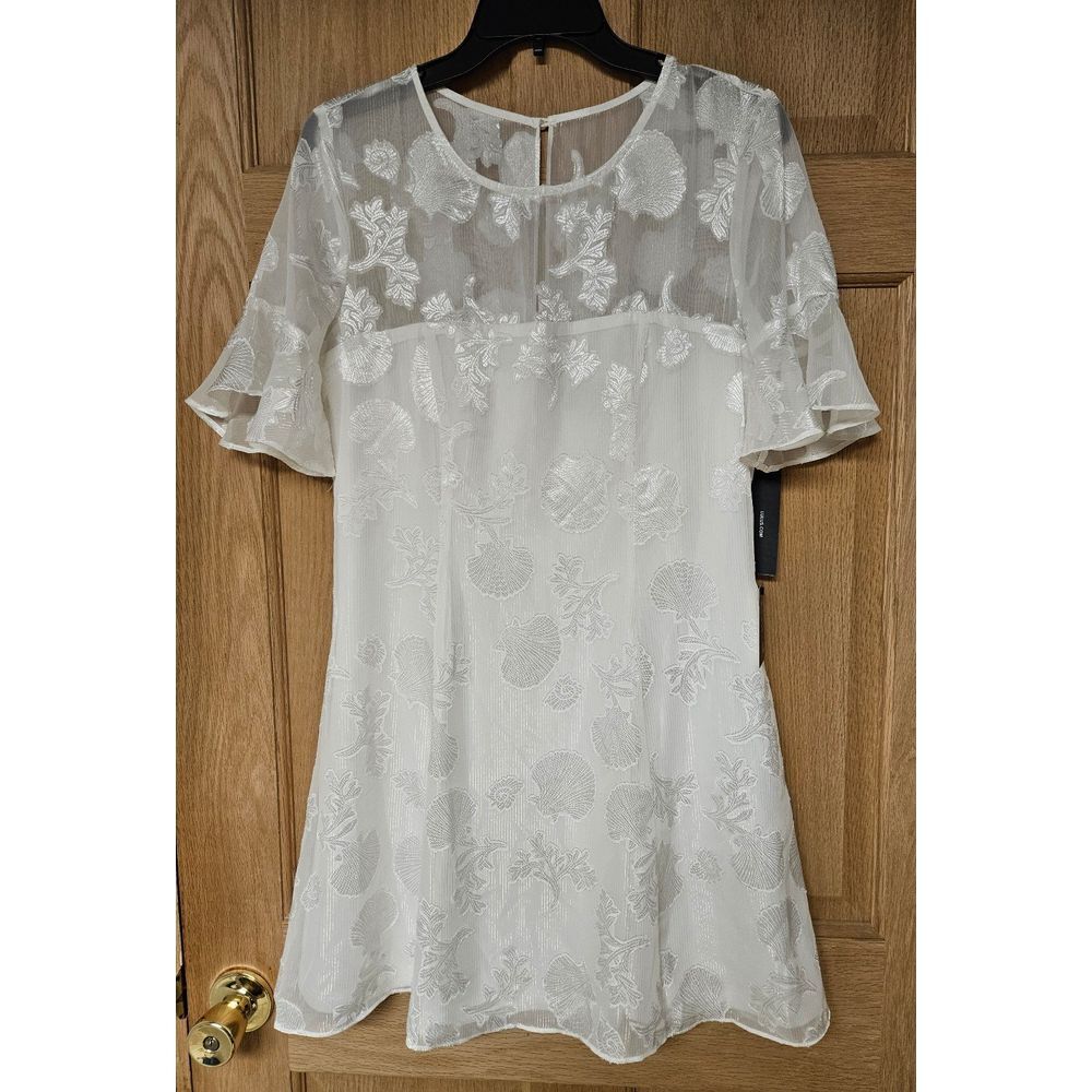 Luminous‎ Love White Shell Print Flounce Sleeve Dress Medium New